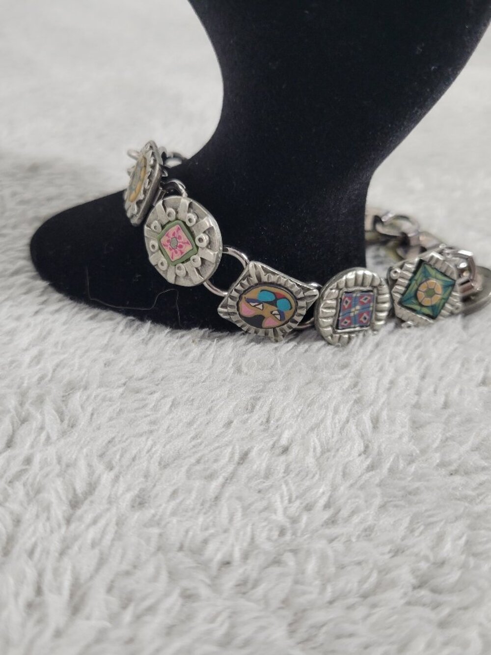 Vintage Artisan Polymer Clay Millefiori Link Bracelet Mixed Media Boho B16E